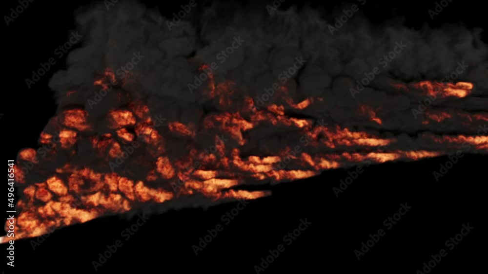 A continuous stream of fire particles flies from left to right on a black background, exuding black smoke. A continuous stream of fire particles flies from left to right on a black background, exuding black smoke.