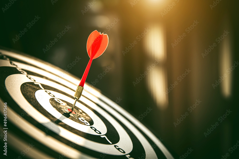 Fototapeta premium Bullseye or Bulls eye target or dartboard has dart arrow throw hitting the center of a shooting for financial business targeting planning and aim to winner goal of business concept.
