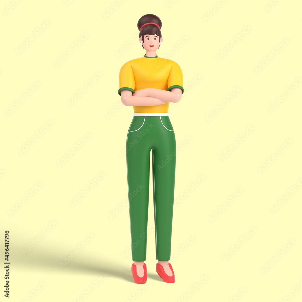 3d female character standing and thinking with arms crossed pose