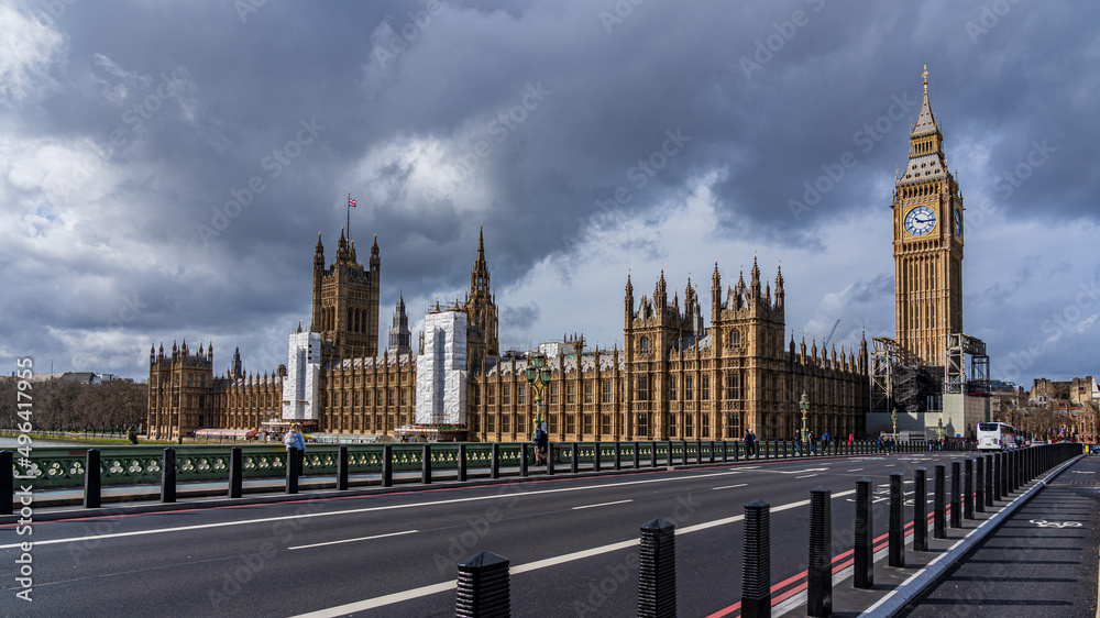Parliament building and Big Ben in London. A view from the bridge.