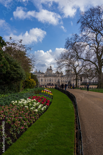 View from St. James Park's flower plants on Whitehall