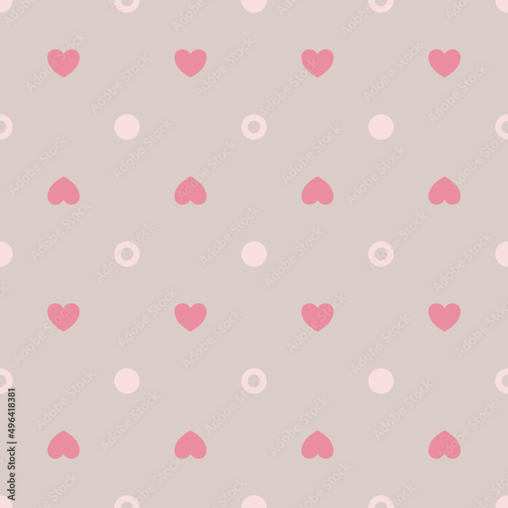 Vector. seamless pattern. light pink dots, donut circles with dark pink hearts on light brown background. Vector. seamless pattern. light pink dots, donut circles with dark pink hearts on light brown background.