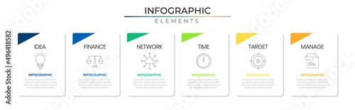 Horizontal row business roadmap infographic elements plan concept design vector with icons. Six timeline network project template for presentation and report.