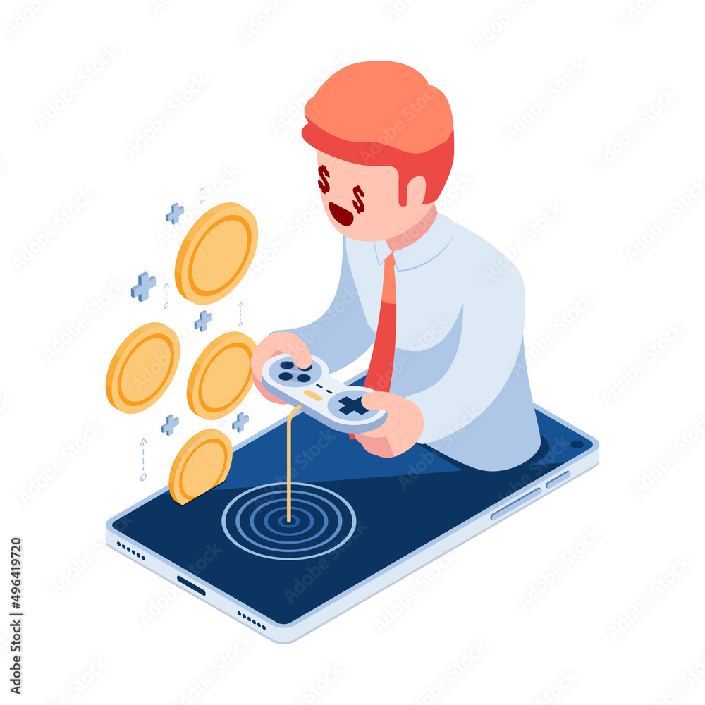 Isometric Businessman Playing Games on Smartphone and Earn Money Isometric Businessman Playing Games on Smartphone and Earn Money