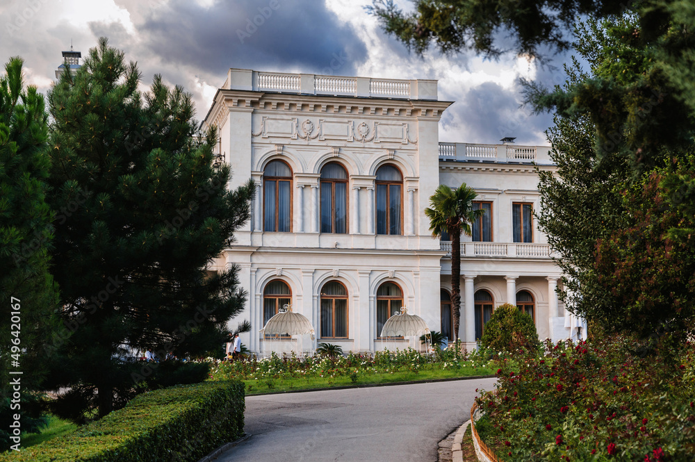 Exterior of the Livadia Palace in Yalta in Crimea with a beautiful garden in summer