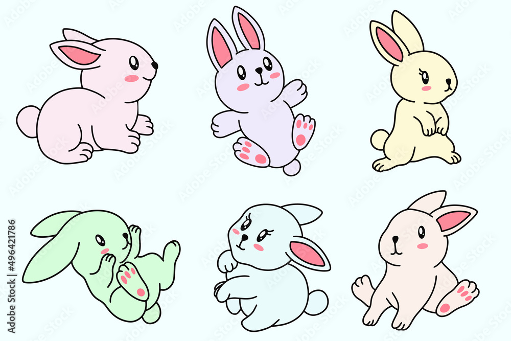 Collection Cute Rabbit Bunny little Kids Baby Animal Cartoon Clipart doodle