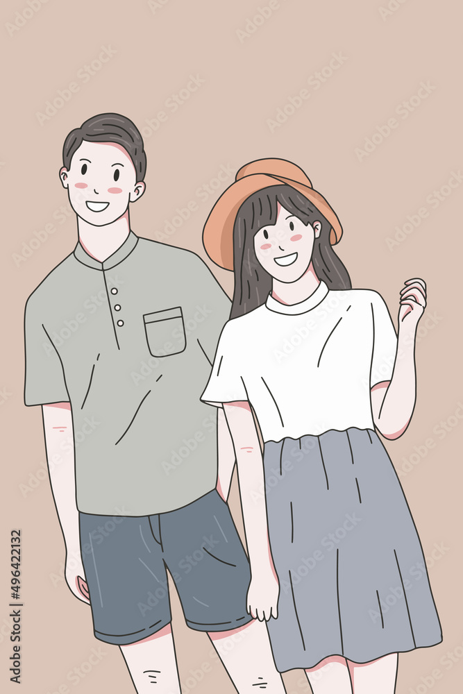 Fototapeta premium Cute Couple Happy Love Together Boyfriend and Girlfriend Women Men Girl Pastel Color Fashion Clipart Doodle Line Art illustration