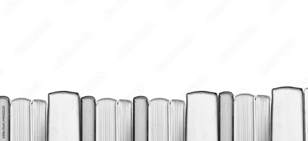 Banner with books border, row isolated on white background. Education, getting knowledge concept. Reading habit, bookworm lifestyle. Encyclopedia, novel, fiction, code. High quality photo Banner with books border, row isolated on white background. Education, getting knowledge concept. Reading habit, bookworm lifestyle. Encyclopedia, novel, fiction, code. High quality photo