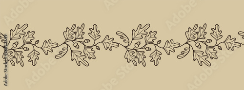Horizontal banner with acorns and oak leaves. Decorative seamless border with plant elements. Elegant botanical pattern for invitations, greetings, cards, covers, packaging, posters. Vector photo