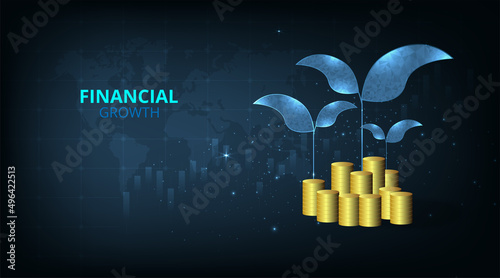 Concept of financial investing growth.Vector Tree growth on gold coins with dark blue  background. 