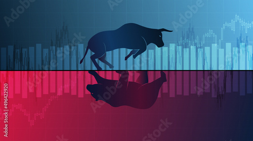Abstract financial chart with bull and bear in stock market on neon color background
