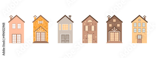 Houses set. Two-storied buildings, city or town isolated elements. Vector illustration for banners, real estate, rent concepts.