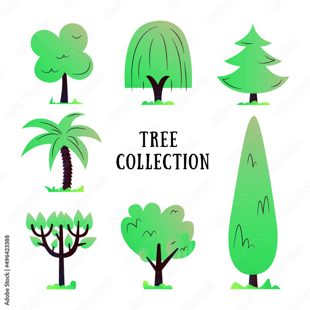 Collection of isolated trees. Cartoon flat illustration.