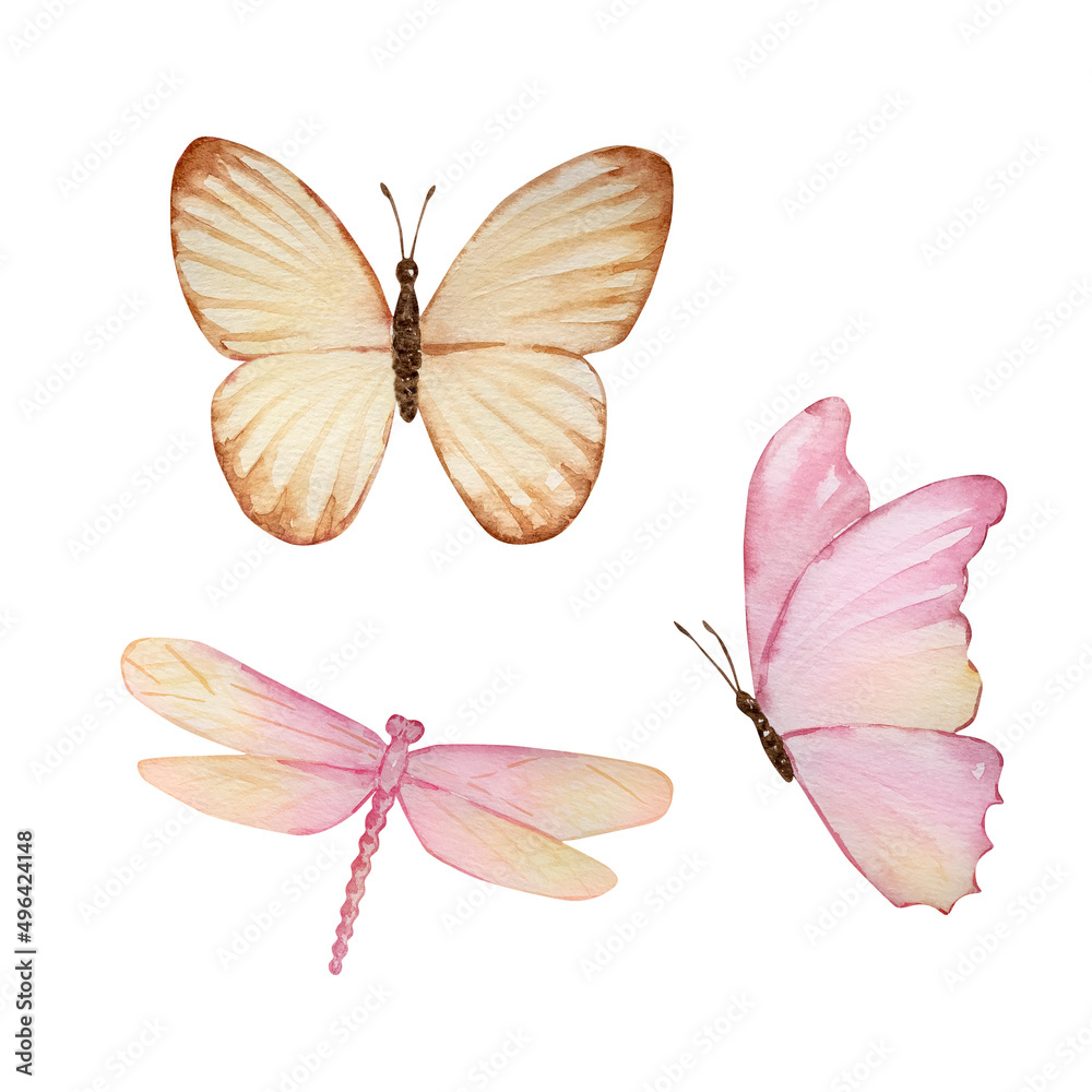 Watercolor set of cute insects Watercolor set of cute insects