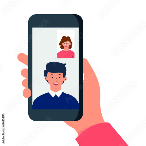 Video call with a friend. Communication at a distance, talking on the phone. Colorful flat illustration