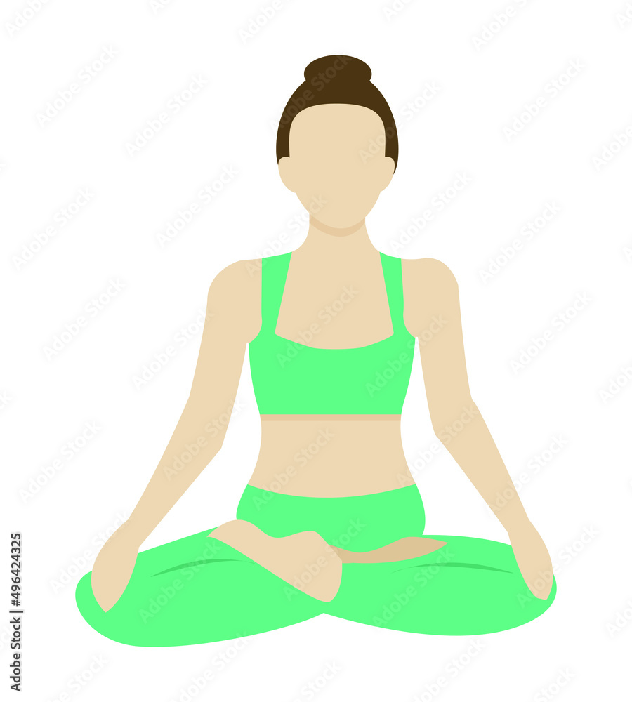 Beautiful girl in lotus practices meditation.  A young woman meditates. Vector illustration of cartoon young brunette woman sitting in lotus position. Vector illustration.