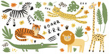 African animals, giraffe, leopard, lion, tiger, crocodile, zebra. Doodle style, flat cartoon safari animals set. Isolated elements on a white background. Children's cartoon drawing.