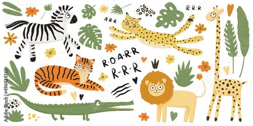 African animals  giraffe  leopard  lion  tiger  crocodile  zebra. Doodle style  flat cartoon safari animals set. Isolated elements on a white background. Children s cartoon drawing.