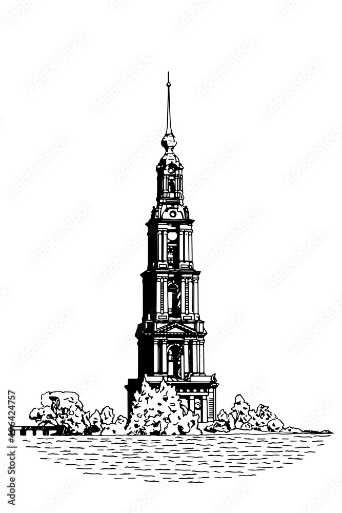 Obraz premium Vector illustration with silhouette of The Kalyazin Bell Tower. Black and white sketch of Flooded Belfry.