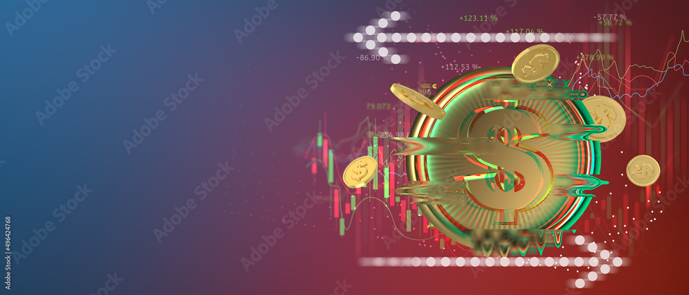 Fototapeta premium digital golden money coin technology worldwide transfer in the future world business with Stock market or forex trading graph and copy space 3d illustration. cyberpunk style