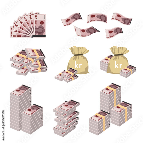 Norwegian Krone Vector Illustration. Huge packs of Norway money set bundle banknotes. Bundle with cash bills. Deposit, wealth, accumulation and inheritance. Falling money 100 kr
