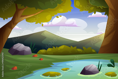 Nature Forest Landscape background illustration for happy earth day with lake scenery