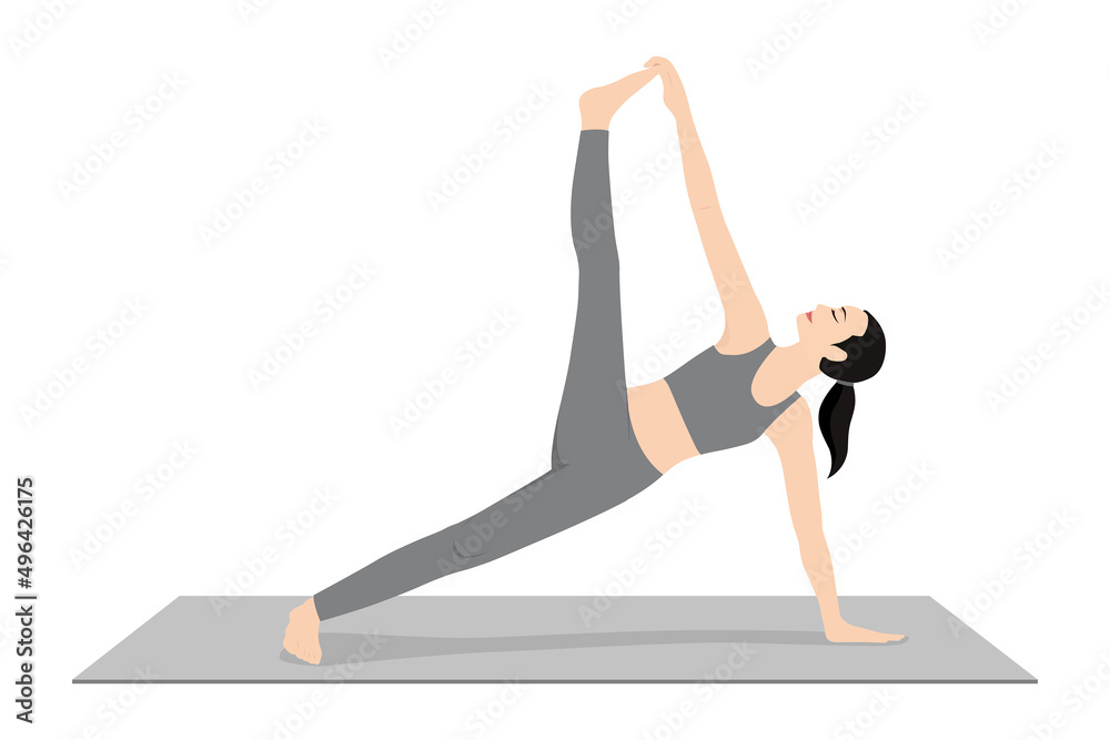 Side Plank Pose II. Beautiful girl practice Vasisthasana II. Young attractive woman practicing yoga exercise. working out, black wearing sportswear, grey pants and top, indoor full length, calmness