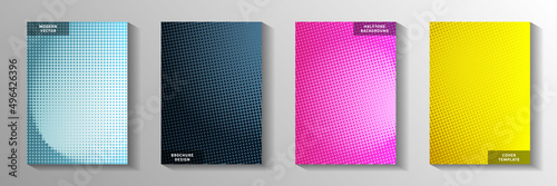 Decorative dot screen tone gradation title page templates vector kit. School banner faded screen
