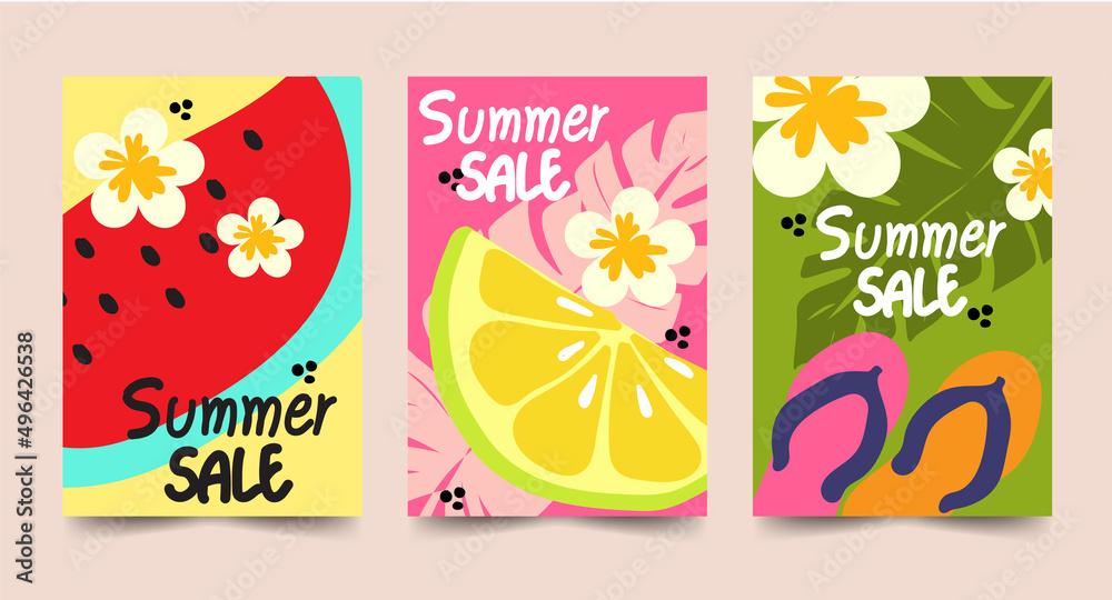 summer postcard set concepts design watermelon lemon sandals vector
