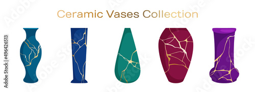 Ceramic vases for flower bouquets vector collection. Home decor interior objects illustration..