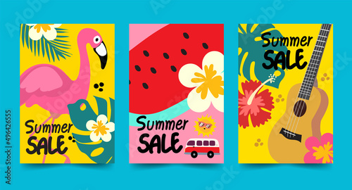  summer sale postcard set poster concepts design flamingo watermelon ukulele