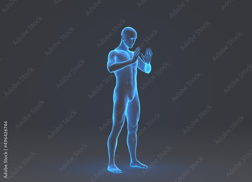 Technological human hologram of a male standing with hands in front of head - 3d anatomy artificial intelligence illustration Technological human hologram of a male standing with hands in front of head - 3d anatomy artificial intelligence illustration