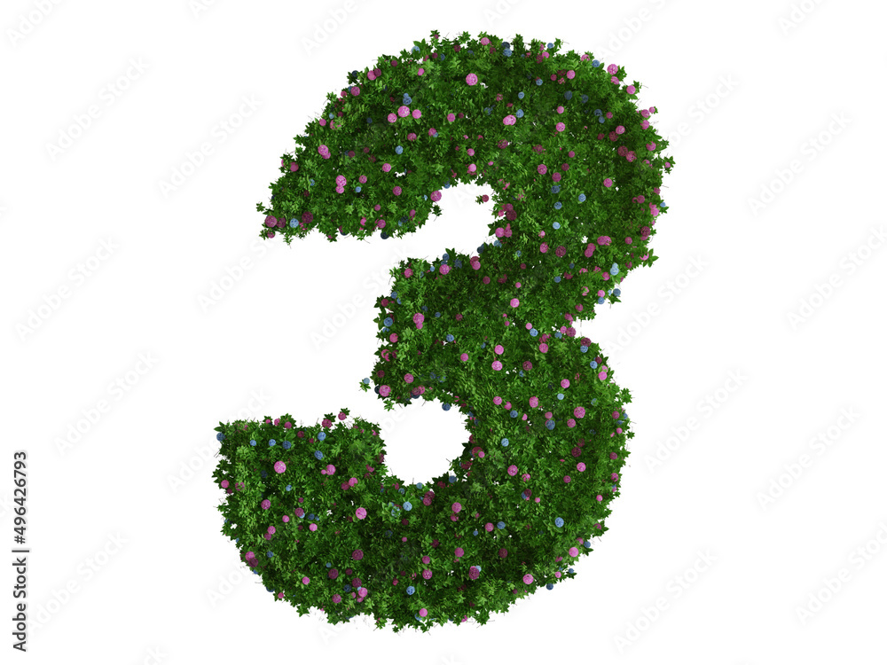 3d rendering of Alphabet number 3 made of hydrangea flower. high resolution image in isolated white background 3d rendering of Alphabet number 3 made of hydrangea flower. high resolution image in isolated white background