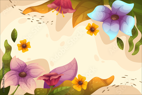 Nature Spring Landscape background illustration for with colorful flower and leaves floral