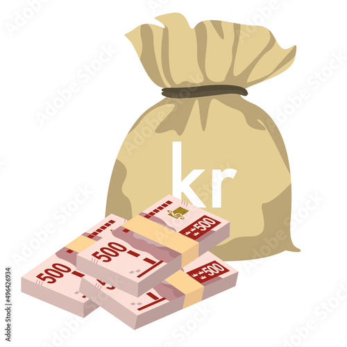 Swedish Krona Vector Illustration. Sweden money set bundle banknotes. Money bag 500 kr. Flat style. Isolated on white background. Simple minimal design.
