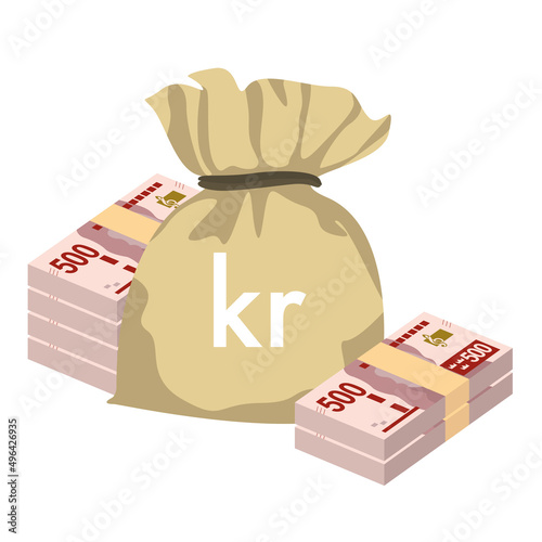 Swedish Krona Vector Illustration. Sweden money set bundle banknotes. Money bag 500 kr. Flat style. Isolated on white background. Simple minimal design.