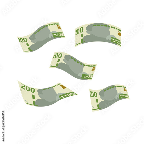 Swedish Krona Vector Illustration. Sweden money set bundle banknotes. Falling, flying money 200 kr. Flat style. Isolated on white background. Simple minimal design.