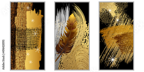 3 affiches artistiques, ou triptyque, composées de diverses formes et de différentes textures, de couleurs or, cuivre et blanches sur un fond noir.