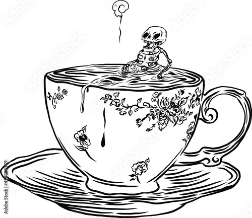 Tea time with skeleton in a cup