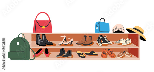 Hallway Seat Cabinet With Shoes Isolated. Foyer Entrance Seat with Footwear, Bags and Hats. Men and Woman Footwear Collection. Different Male and Female Accessories. Cartoon Flat Vector Illustration
