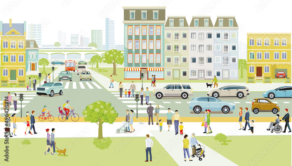 Stadtsilhouette mit Fußgänger auf dem Zebrastreifen und öffentlicher verkehr und Radfahrer, Illustration