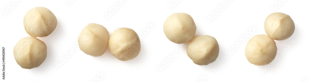 Unshelled macadamia nuts isolated on white background, top view.