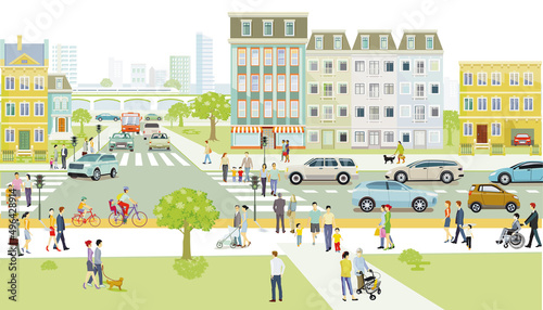 Stadtsilhouette mit Fußgänger auf dem Zebrastreifen und öffentlicher verkehr und Radfahrer, Illustration