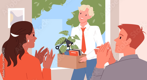 Happy corporate team of people greeting new male employee at workplace vector illustration. Cartoon man holding cardboard box, colleagues clapping background. Start of job, recruitment concept