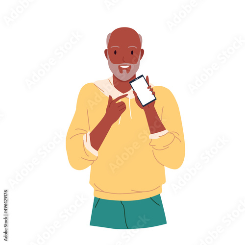 Old retired man showing his smartphone. Elderly male pointing with index finger at mobile device, gadget demonstration and screen presentation cartoon vector illustration