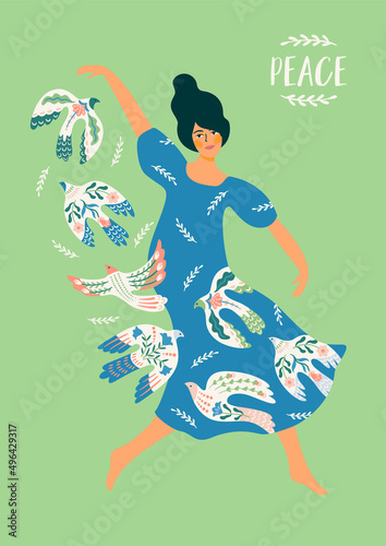 Peace. Woman and dove of peace. Vector illustration. Elements for card, poster, flyer and other