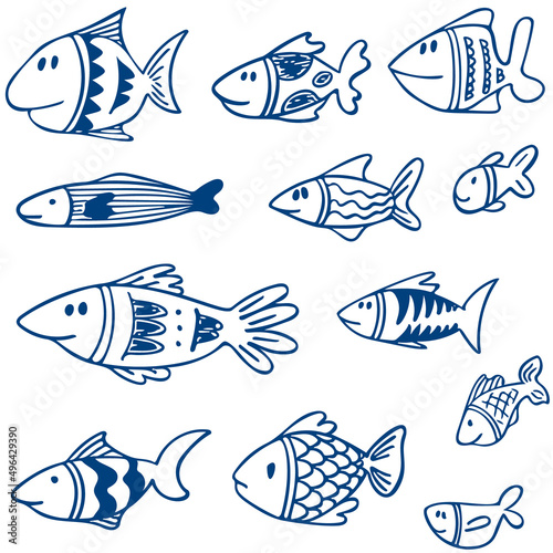 Set of blue fishes in doodle ink style. Hand drawn illustration