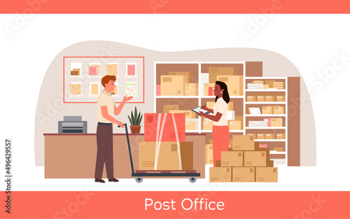 Post office storage and working postman. Letters and envelope delivery, orders transportation, packages shipping, postal services, parcels receiving cartoon vector illustration