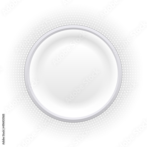 White button with silver ring and halftone pattern around, minimal modern vector background. 