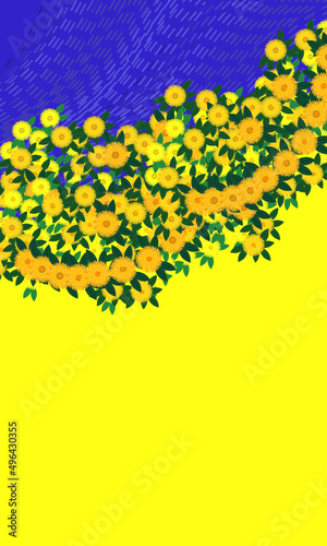 Poster design with a call to help and pray for Ukraine. Peacetime after Russian military operations in Ukraine. Image of a field of sunflowers and the sky in the style of impressionism